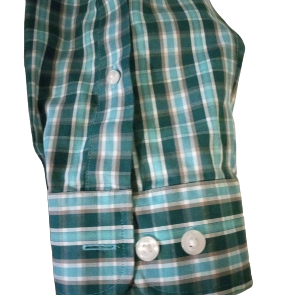 Duluth Trading Co. Wrinkle Fighter Green/Navy Plaid Long Sleeved Button Down M - Picture 6 of 7